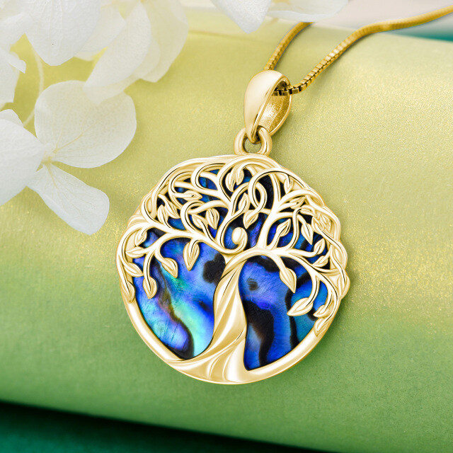 Sterling Silver with Yellow Gold Plated Circular Shaped Abalone Shellfish Tree Of Life Pendant Necklace-3