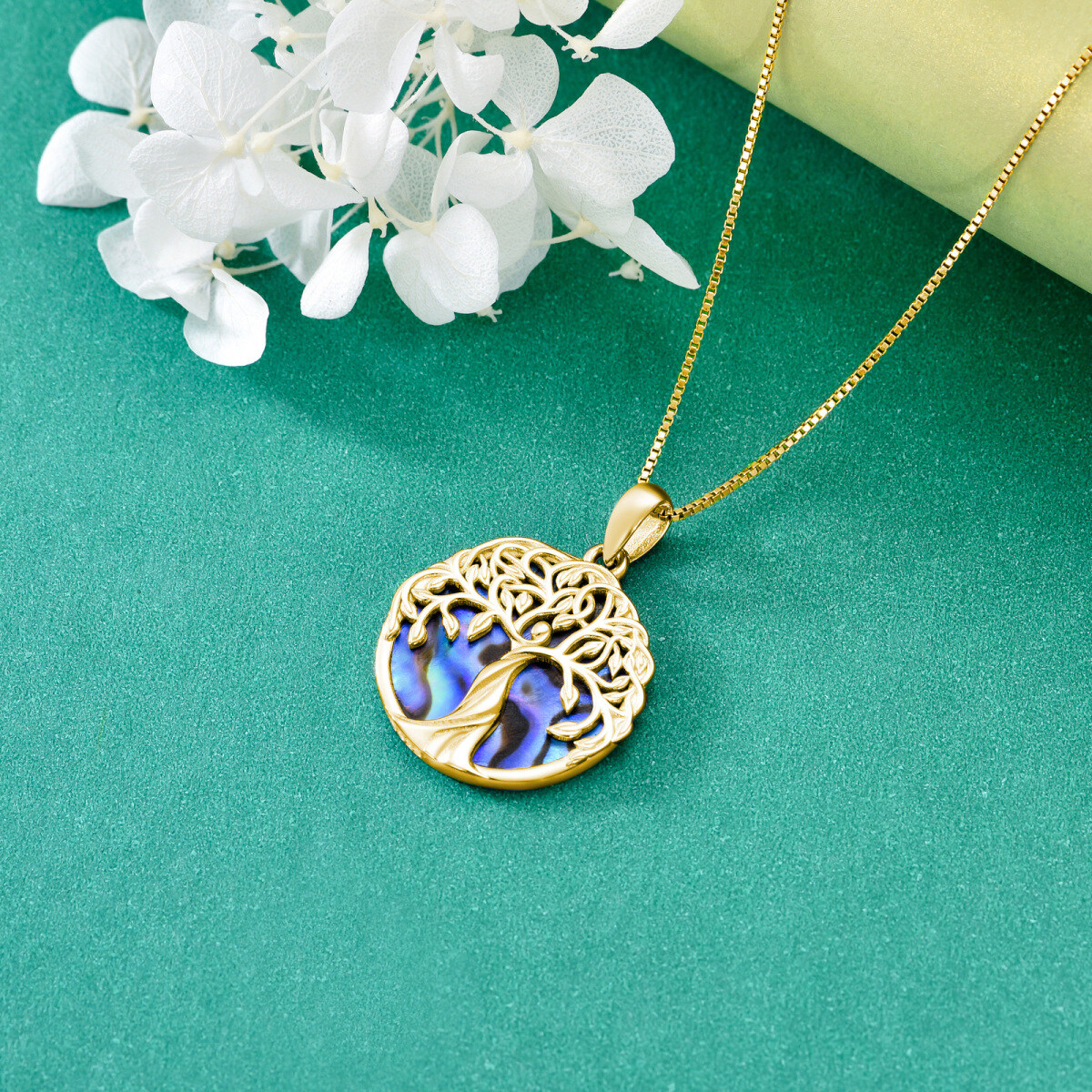 Sterling Silver with Yellow Gold Plated Circular Shaped Abalone Shellfish Tree Of Life Pendant Necklace-4