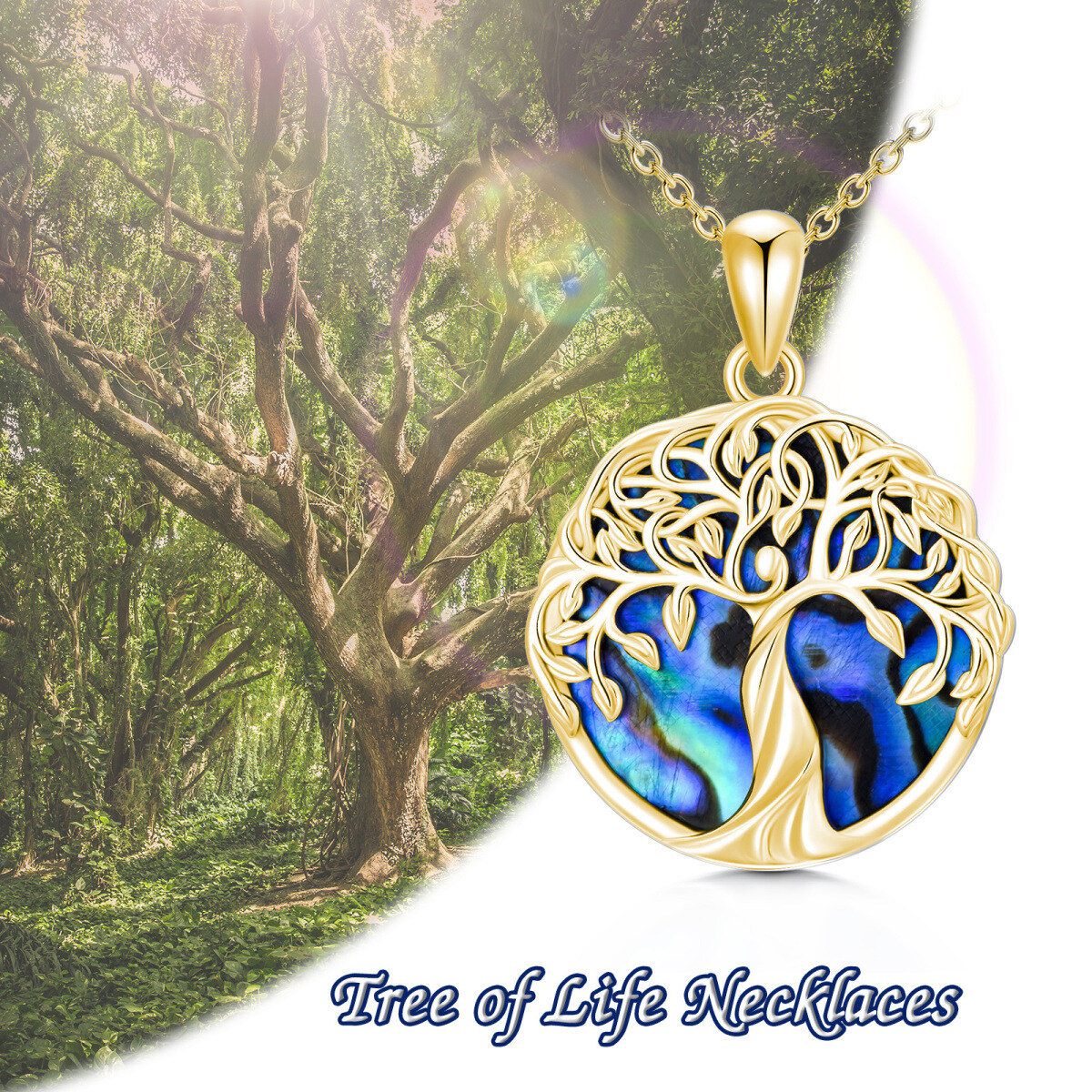 Sterling Silver with Yellow Gold Plated Circular Shaped Abalone Shellfish Tree Of Life Pendant Necklace-5