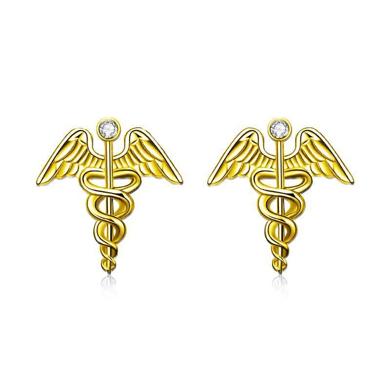 Sterling Silver with Yellow Gold Plated Circular Shaped Cubic Zirconia Angel Stud Earrings-1