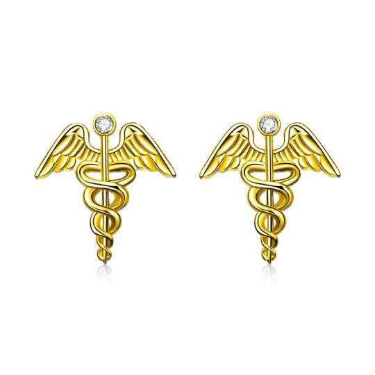 Sterling Silver with Yellow Gold Plated Circular Shaped Cubic Zirconia Angel Stud Earrings-5