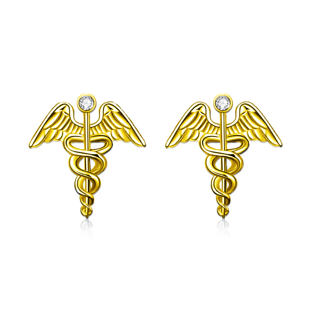 Sterling Silver with Yellow Gold Plated Circular Shaped Cubic Zirconia Angel Stud Earrings-2