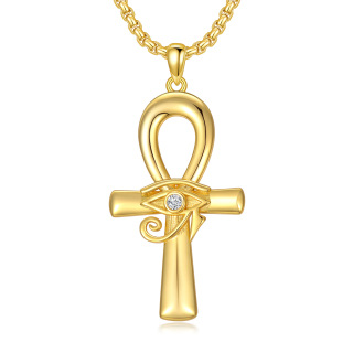 Sterling Silver with Yellow Gold Plated Circular Shaped Cubic Zirconia Ankh & Eye Of Horus Pendant Necklace for Men-1