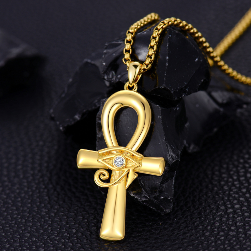 Sterling Silver with Yellow Gold Plated Circular Shaped Cubic Zirconia Ankh & Eye Of Horus Pendant Necklace for Men-3