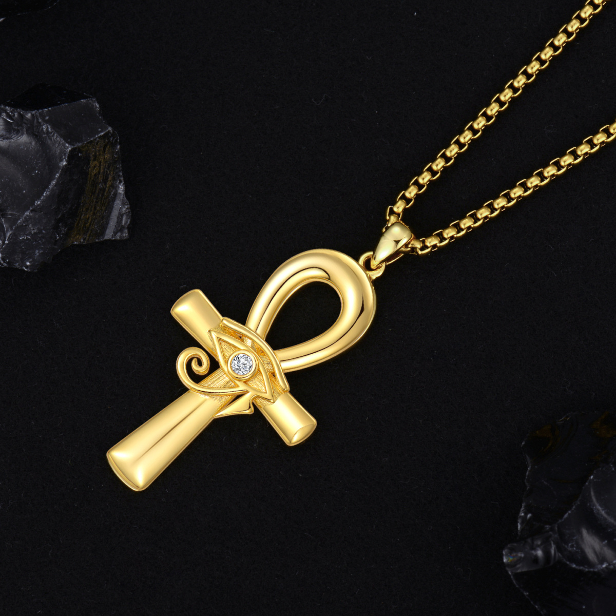 Sterling Silver with Yellow Gold Plated Circular Shaped Cubic Zirconia Ankh & Eye Of Horus Pendant Necklace for Men-4