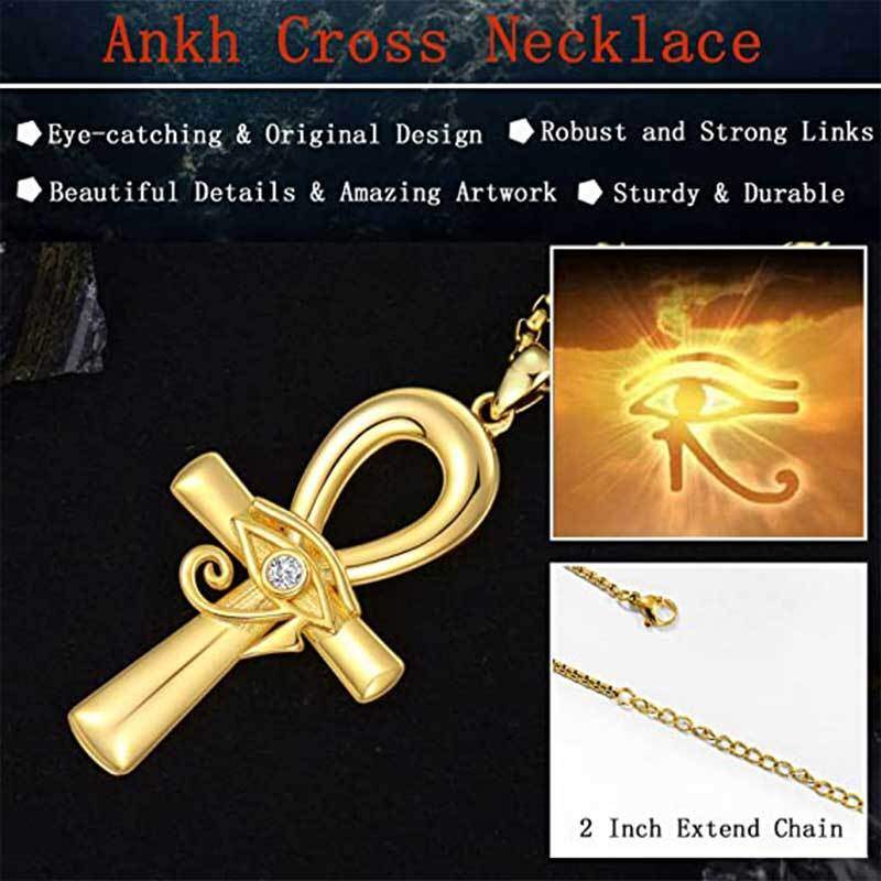 Sterling Silver with Yellow Gold Plated Circular Shaped Cubic Zirconia Ankh & Eye Of Horus Pendant Necklace for Men-5