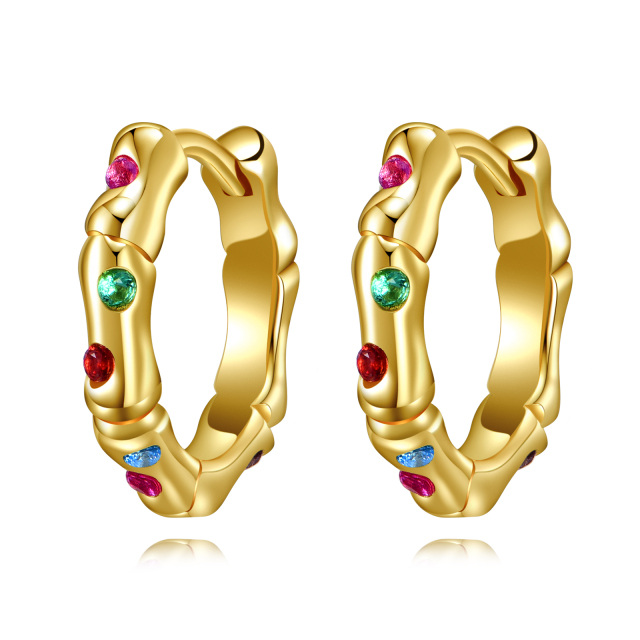 Sterling Silver with Yellow Gold Plated Circular Shaped Cubic Zirconia Bamboo Hoop Earrings-1