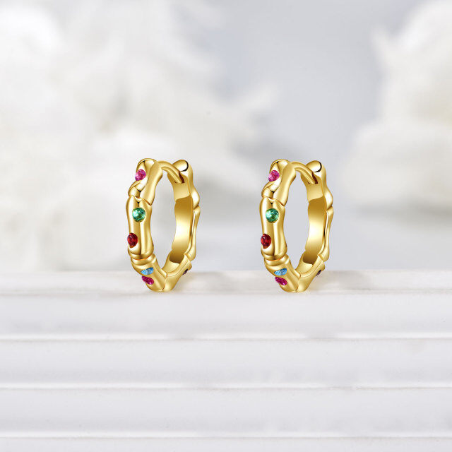 Sterling Silver with Yellow Gold Plated Circular Shaped Cubic Zirconia Bamboo Hoop Earrings-3