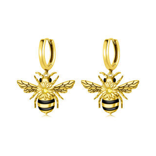 Sterling Silver with Yellow Gold Plated Circular Shaped Cubic Zirconia Bee Drop Earrings-2