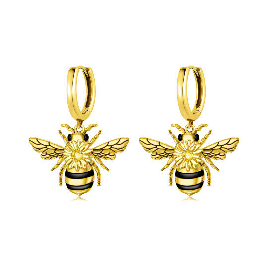 Sterling Silver with Yellow Gold Plated Circular Shaped Cubic Zirconia Bee Drop Earrings