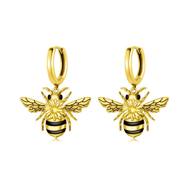 Sterling Silver with Yellow Gold Plated Circular Shaped Cubic Zirconia Bee Drop Earrings-1