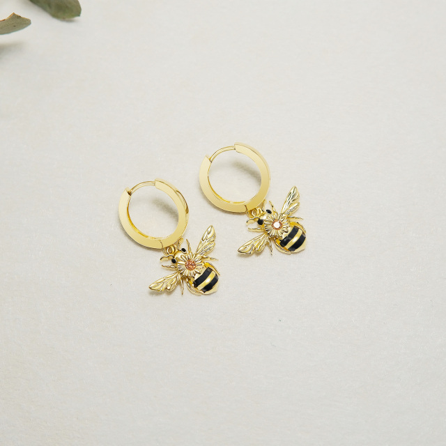 Sterling Silver with Yellow Gold Plated Circular Shaped Cubic Zirconia Bee Drop Earrings-3