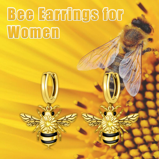 Sterling Silver with Yellow Gold Plated Circular Shaped Cubic Zirconia Bee Drop Earrings-6