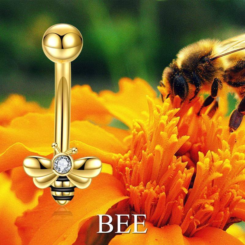 Sterling Silver with Yellow Gold Plated Circular Shaped Cubic Zirconia Bees Belly Button Ring-6