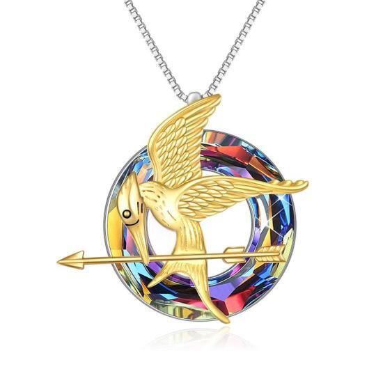 Collana con ciondolo di cristallo a forma di uccello circolare in argento 925 e placcato oro giallo