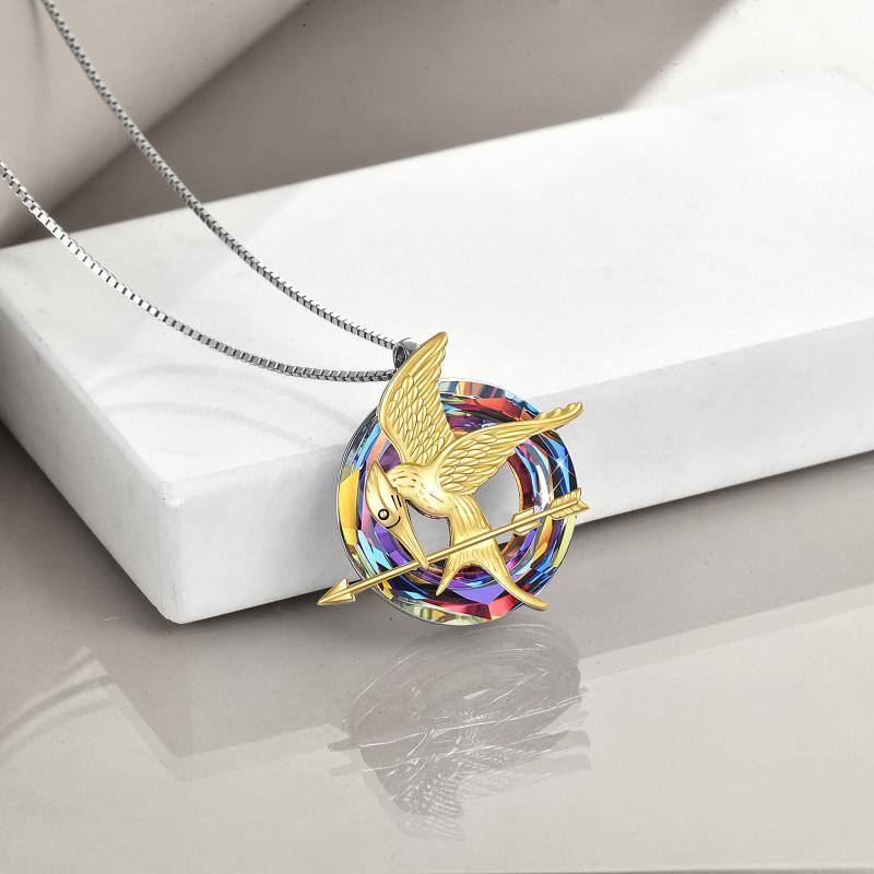 Collana con ciondolo di cristallo a forma di uccello circolare in argento 925 e placcato oro giallo-3