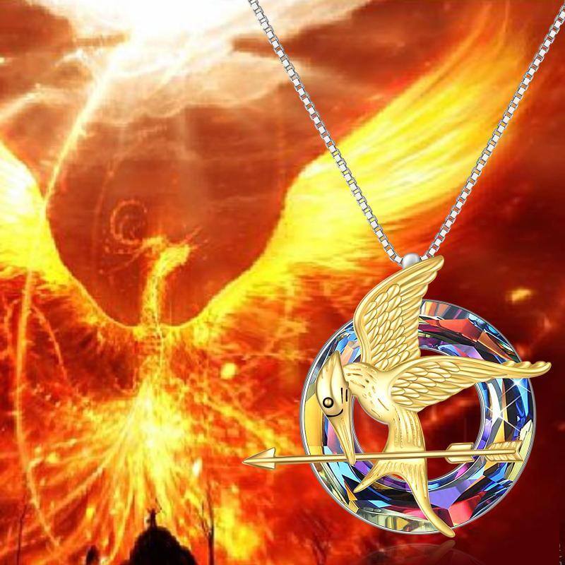 Collana con ciondolo di cristallo a forma di uccello circolare in argento 925 e placcato oro giallo-6