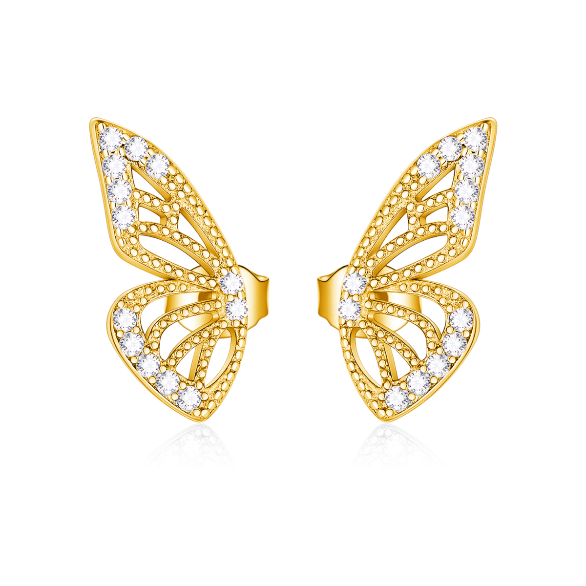 Sterling Silver with Yellow Gold Plated Circular Shaped Cubic Zirconia Butterfly Stud Earrings-1