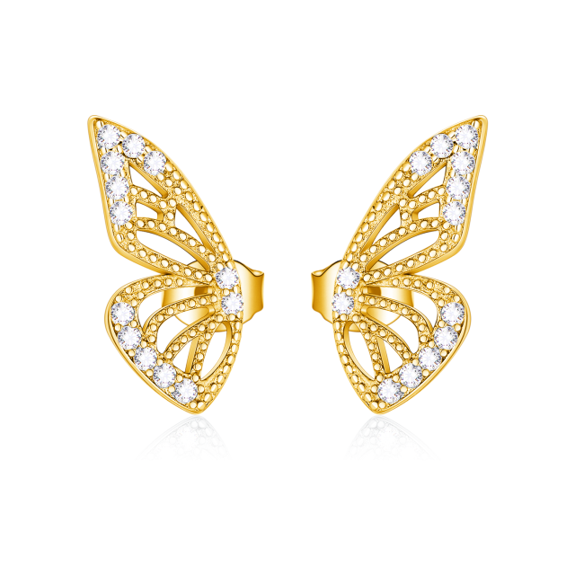 Sterling Silver with Yellow Gold Plated Circular Shaped Cubic Zirconia Butterfly Stud Earrings-1