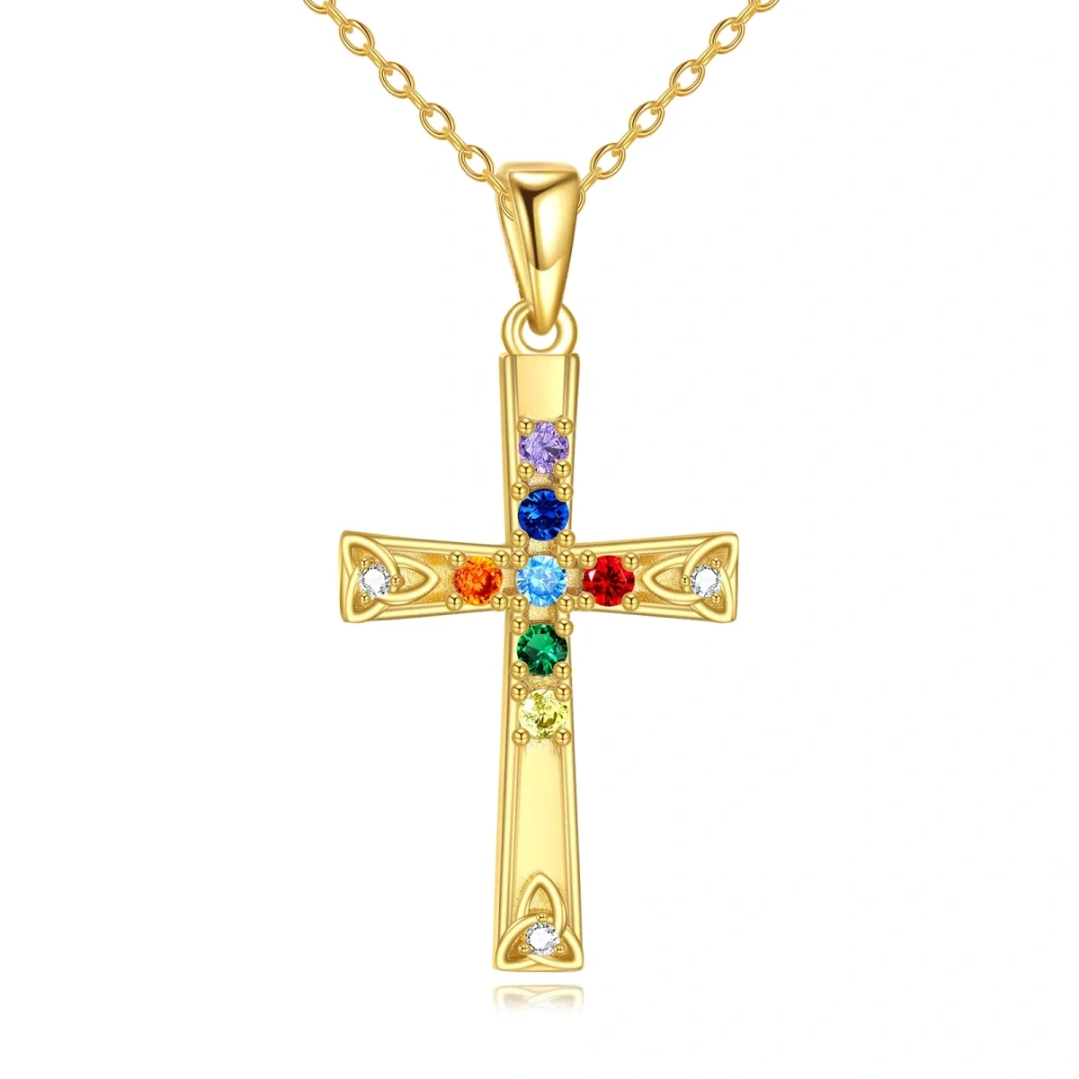 Collier en argent sterling et plaqué or jaune avec pendentif croix et chakras en zircon cu-1