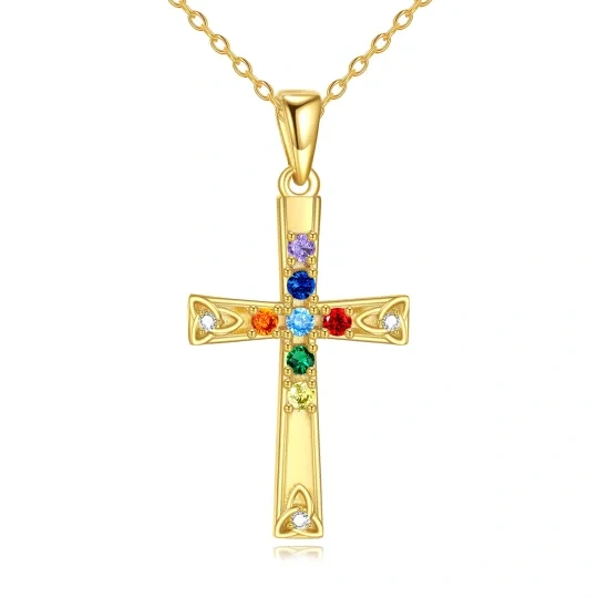 Sterling Silver with Yellow Gold Plated Circular Shaped Cubic Zirconia Chakras & Cross Pendant Necklace