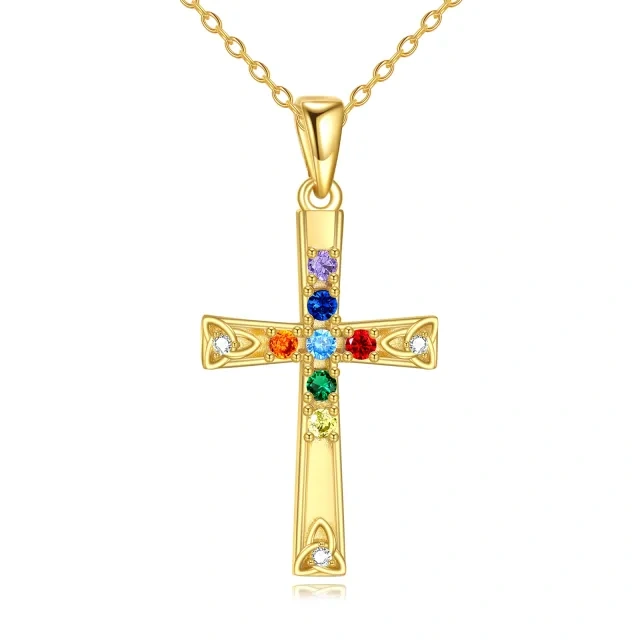 Sterling Silver with Yellow Gold Plated Circular Shaped Cubic Zirconia Chakras & Cross Pendant Necklace-1