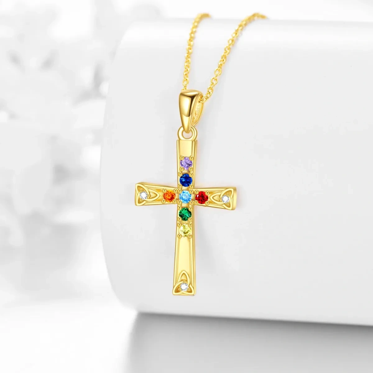 Sterling Silver with Yellow Gold Plated Circular Shaped Cubic Zirconia Chakras & Cross Pendant Necklace-3