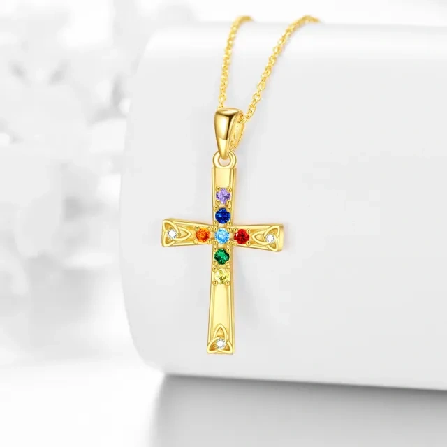 Collier en argent sterling et plaqué or jaune avec pendentif croix et chakras en zircon cu-3