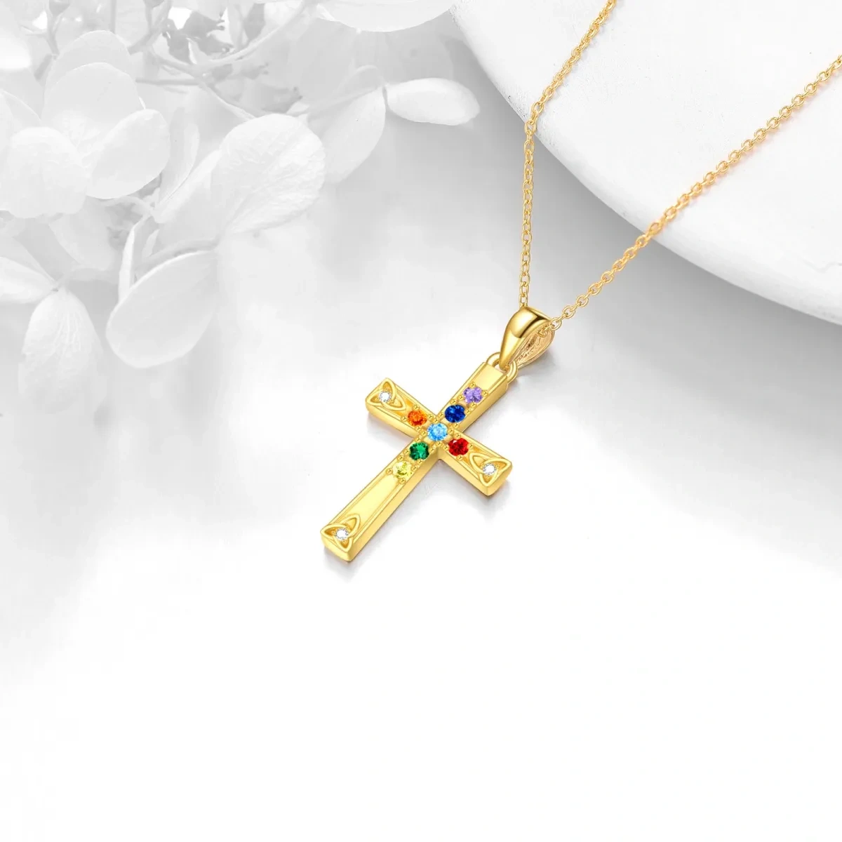 Sterling Silver with Yellow Gold Plated Circular Shaped Cubic Zirconia Chakras & Cross Pendant Necklace-4