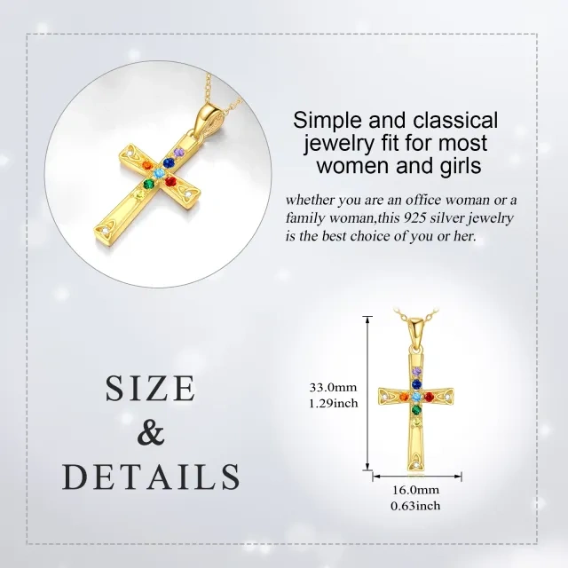 Sterling Silver with Yellow Gold Plated Circular Shaped Cubic Zirconia Chakras & Cross Pendant Necklace-5