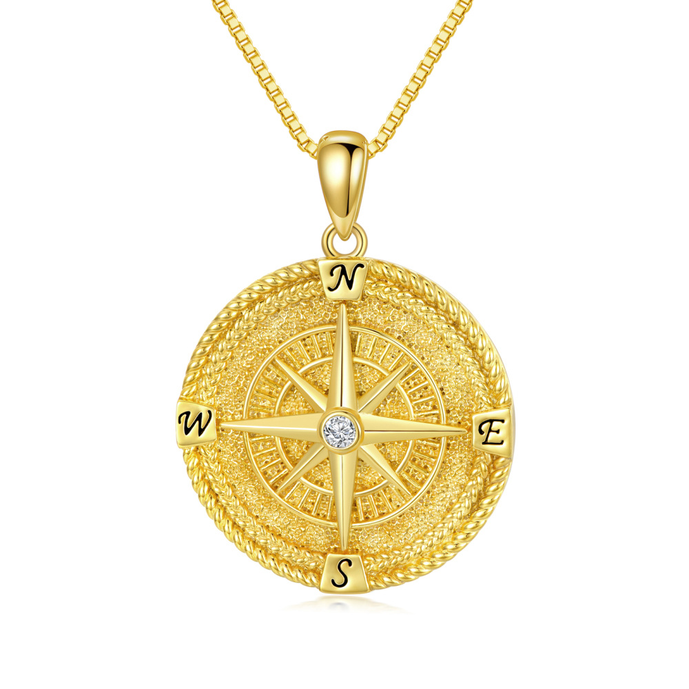Halskette mit Kompass-Anhänger aus Sterlingsilber mit gelbvergoldetem, kreisförmigem Zirkonia und Anfangsbuchstaben für Damen-1