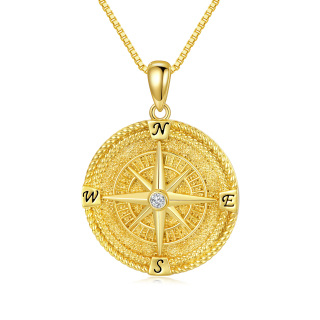 Sterling Silver With Yellow Gold Plated Circular Cubic Zirconia Compass Pendant Necklace With Initial Letter For Women-12