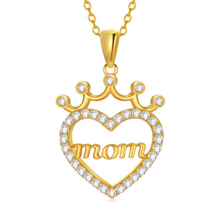 Sterling Silver With Yellow Gold Plated Circular Cubic Zirconia Crown & Heart Pendant Necklace For Women-1