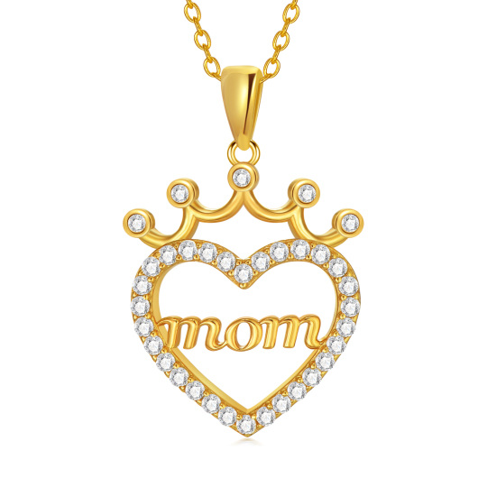 Sterling Silver with Yellow Gold Plated Circular Shaped Cubic Zirconia Crown & Heart Pendant Necklace with Engraved Word