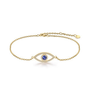 Sterling Silver with Yellow Gold Plated Circular Shaped Crystal Evil Eye Single Layer Anklet-57