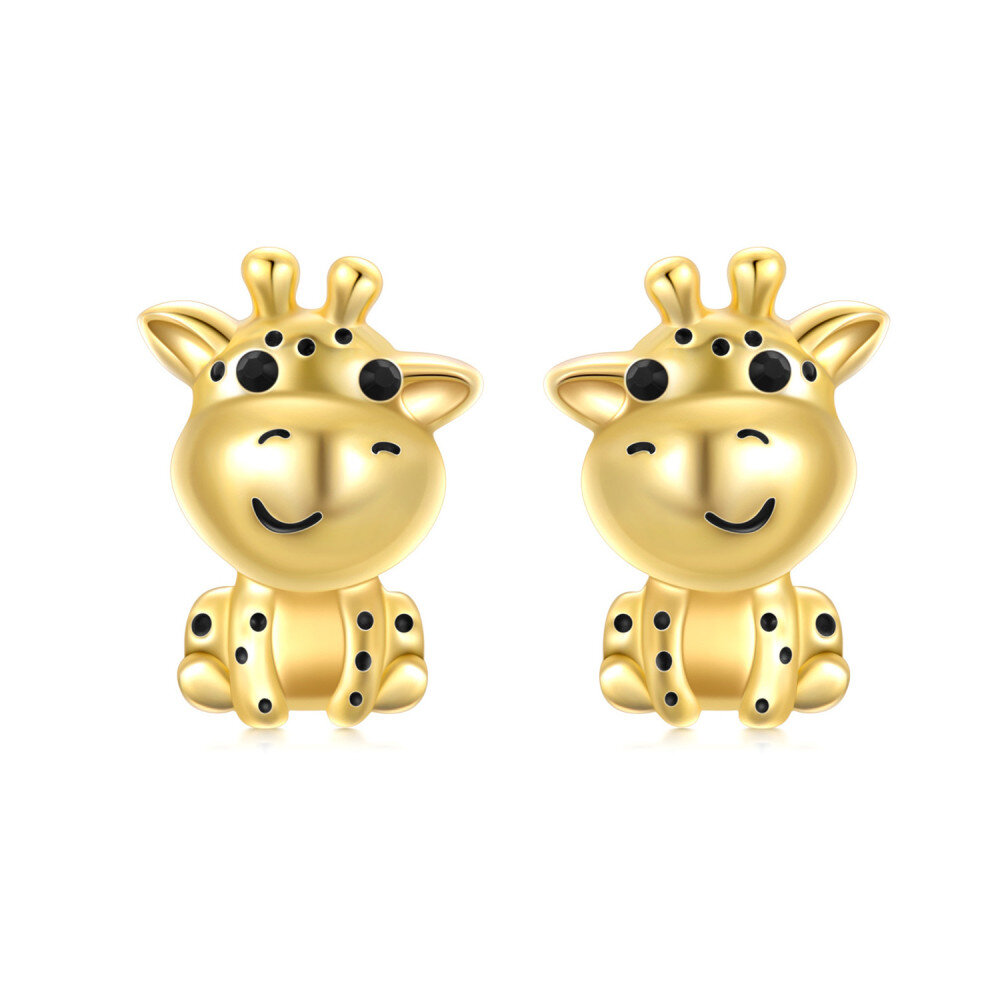 Sterling Silver with Yellow Gold Plated Circular Shaped Crystal Giraffe Stud Earrings-1