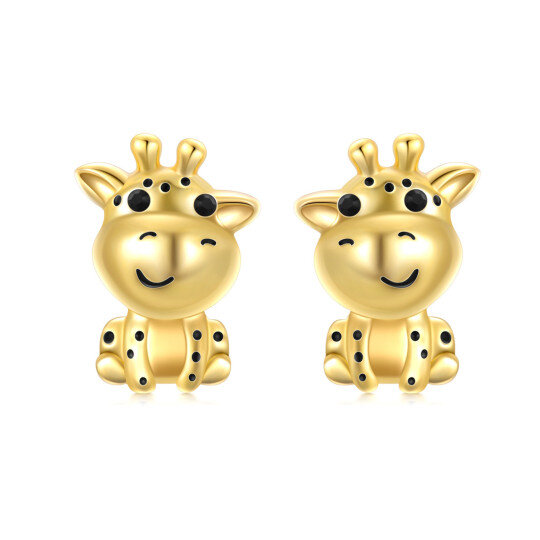 Sterling Silver with Yellow Gold Plated Circular Shaped Crystal Giraffe Stud Earrings-1