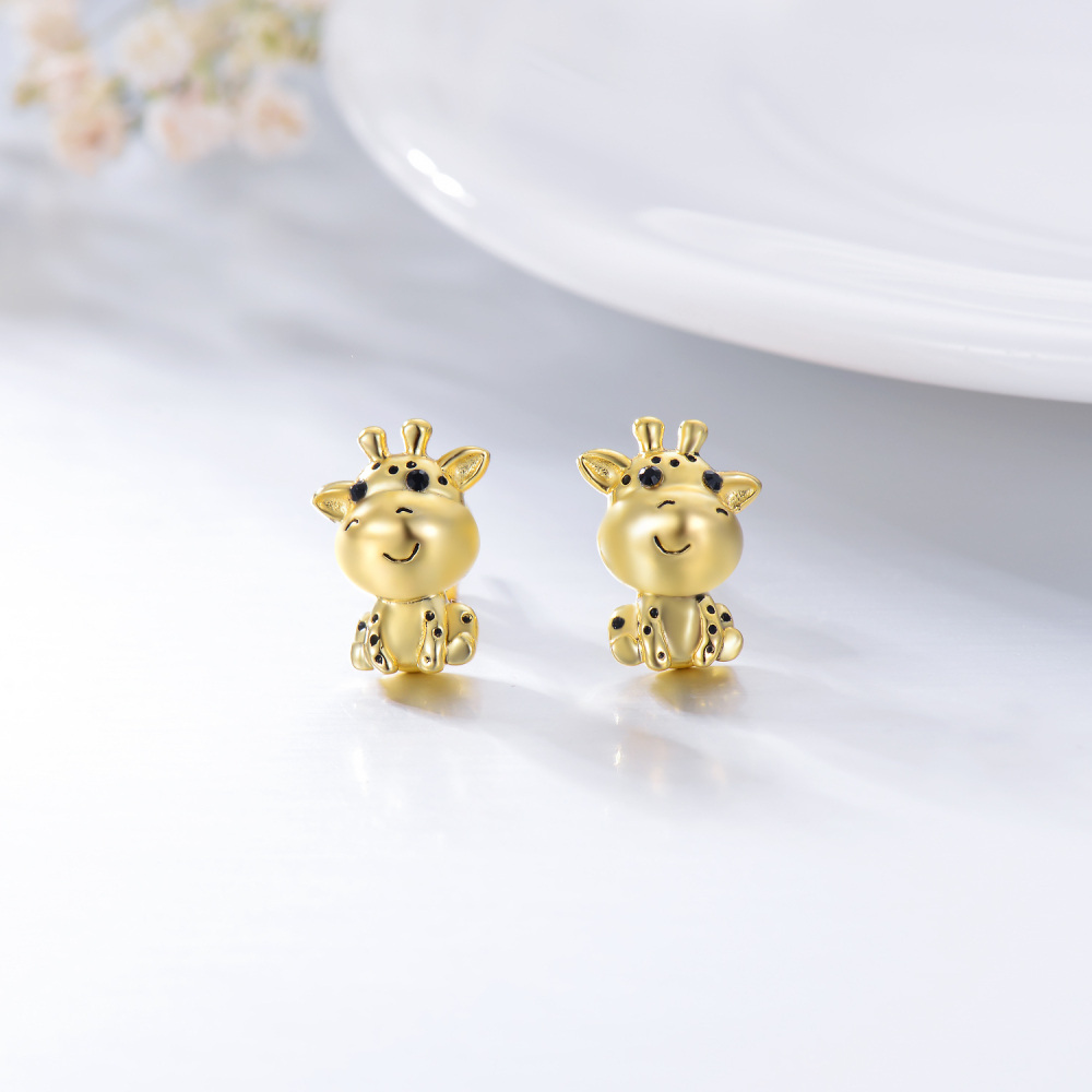 Sterling Silver with Yellow Gold Plated Circular Shaped Crystal Giraffe Stud Earrings-3