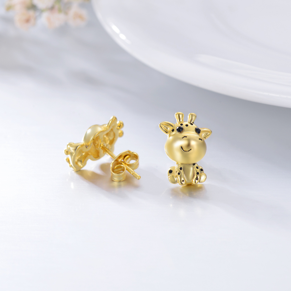 Sterling Silver with Yellow Gold Plated Circular Shaped Crystal Giraffe Stud Earrings-4