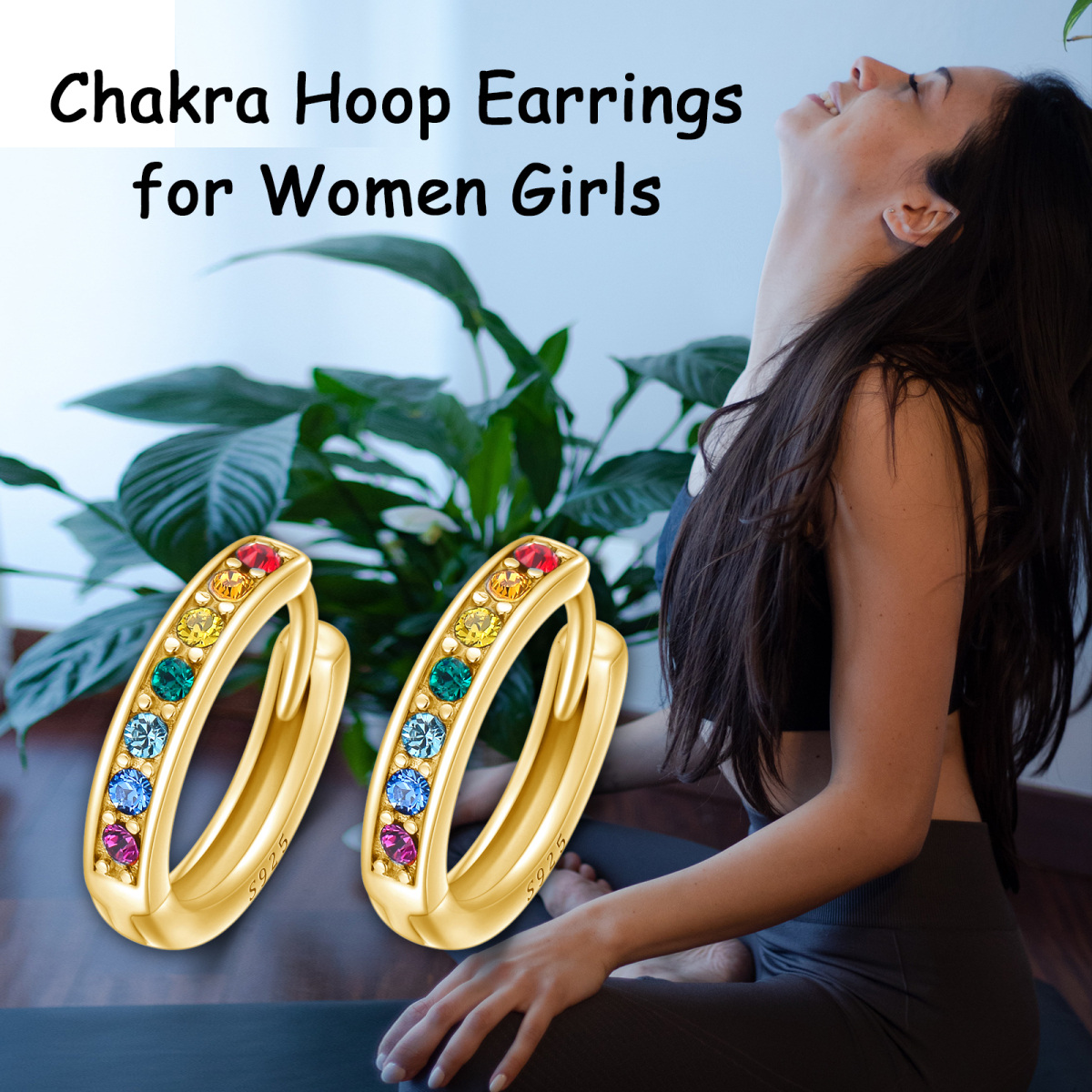 Sterling Silver with Yellow Gold Plated Circular Shaped Crystal Hoop Earrings-5