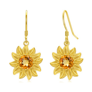 Sterling Silver with Yellow Gold Plated Circular Shaped Crystal Sunflower Drop Earrings-8