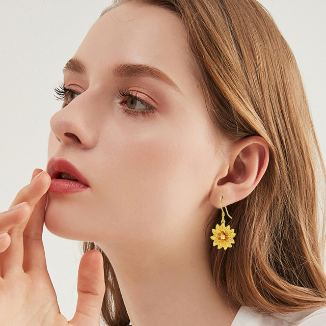 Pendientes de plata de ley con baño de oro amarillo en forma de girasol de cristal circula-2