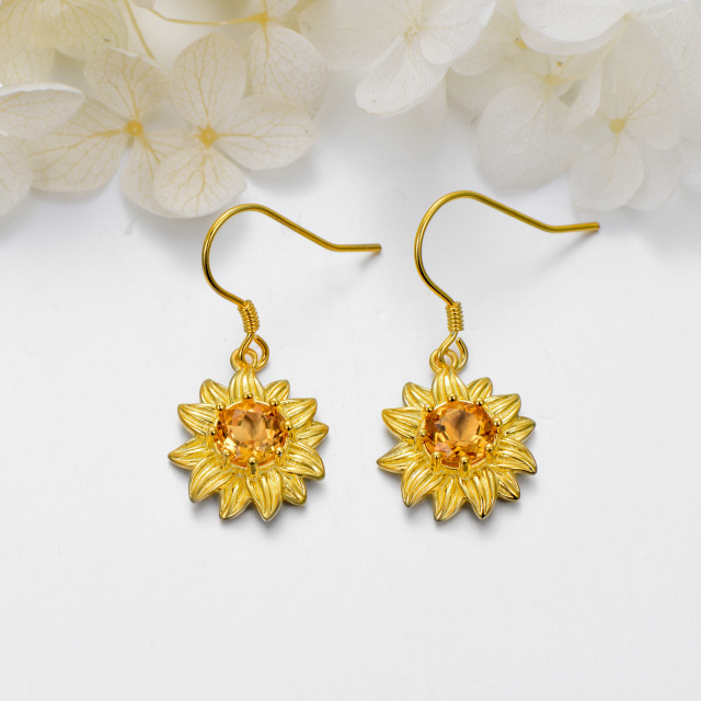 Sterling Silver with Yellow Gold Plated Circular Shaped Crystal Sunflower Drop Earrings-4