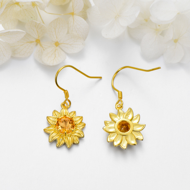 Sterling Silver with Yellow Gold Plated Circular Shaped Crystal Sunflower Drop Earrings-5