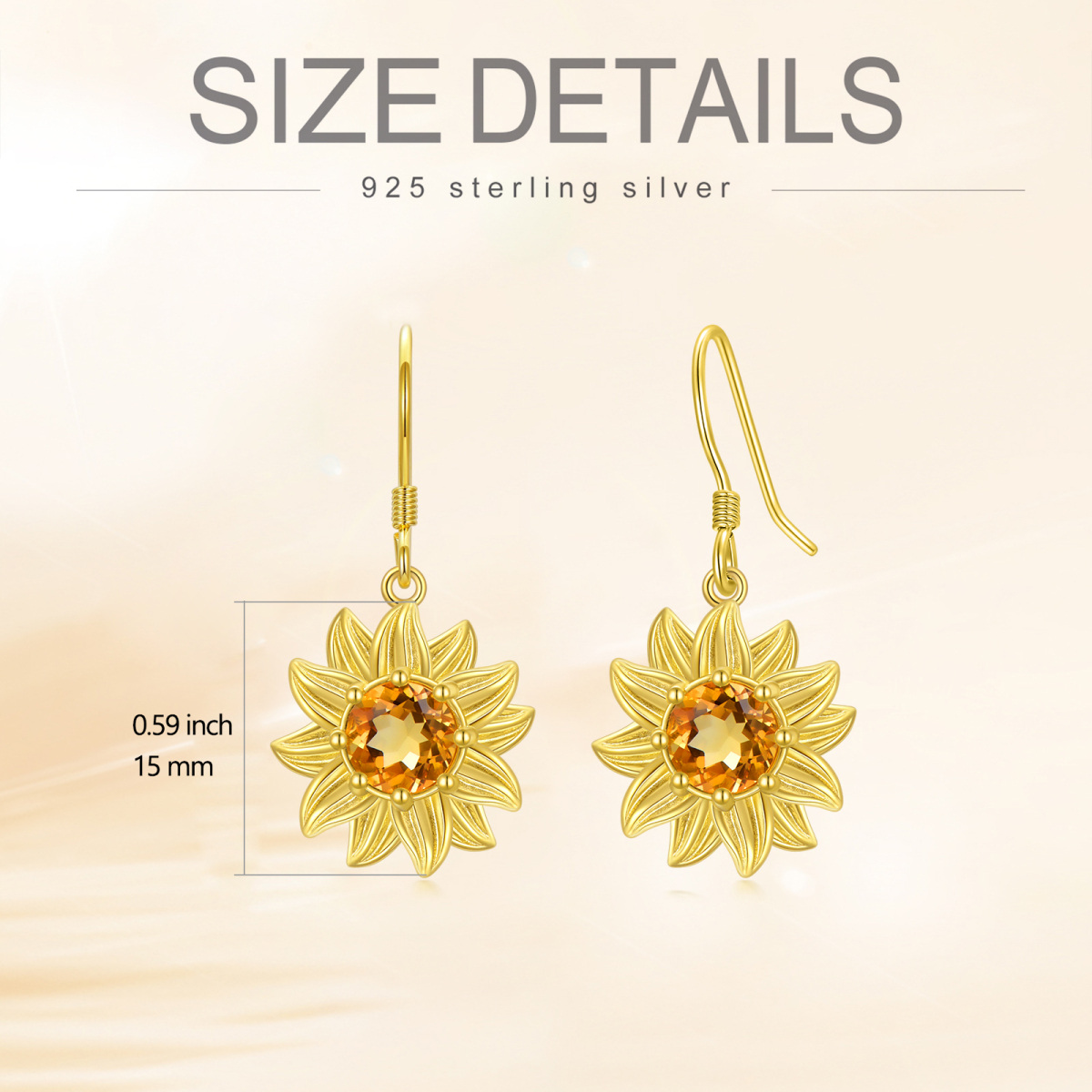 Sterling Silver with Yellow Gold Plated Circular Shaped Crystal Sunflower Drop Earrings-6