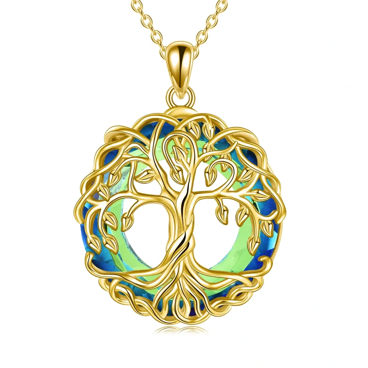 Collar Colgante Árbol de la Vida de Plata de Ley con baño de Oro Amarillo con forma circul-1