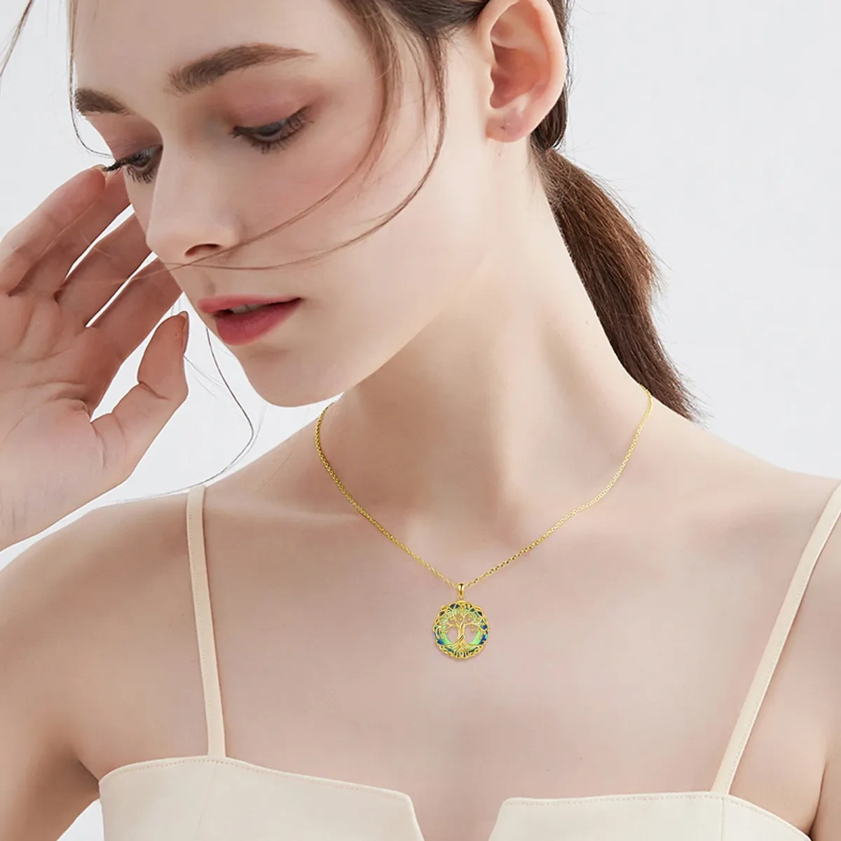 Collar Colgante Árbol de la Vida de Plata de Ley con baño de Oro Amarillo con forma circul-2