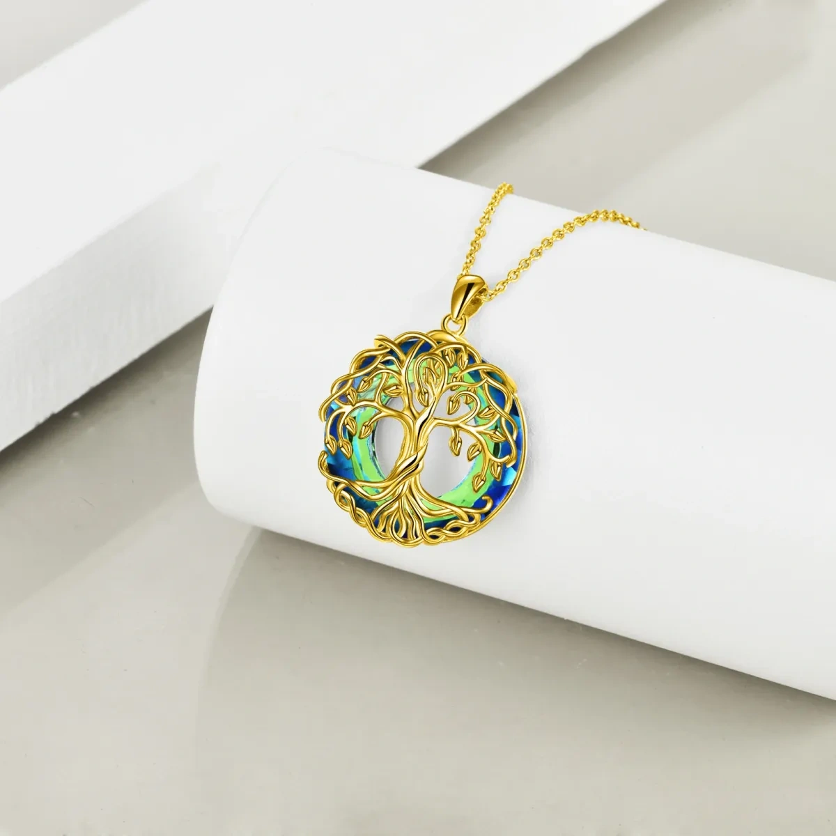 Sterling Silver with Yellow Gold Plated Circular Shaped Crystal Tree Of Life Pendant Necklace-3