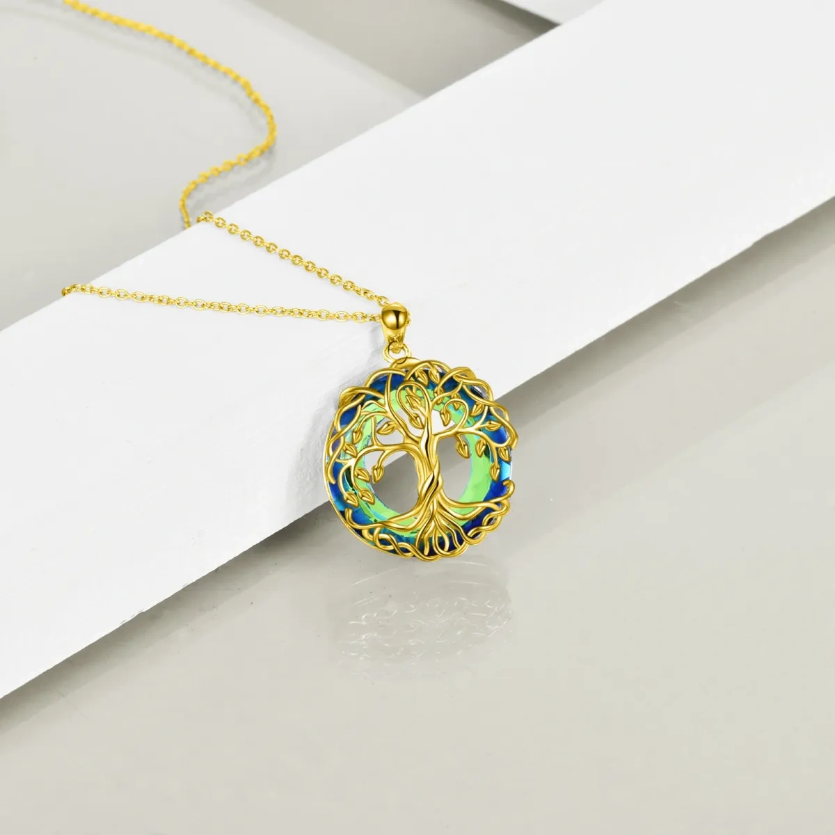 Sterling Silver with Yellow Gold Plated Circular Shaped Crystal Tree Of Life Pendant Necklace-4