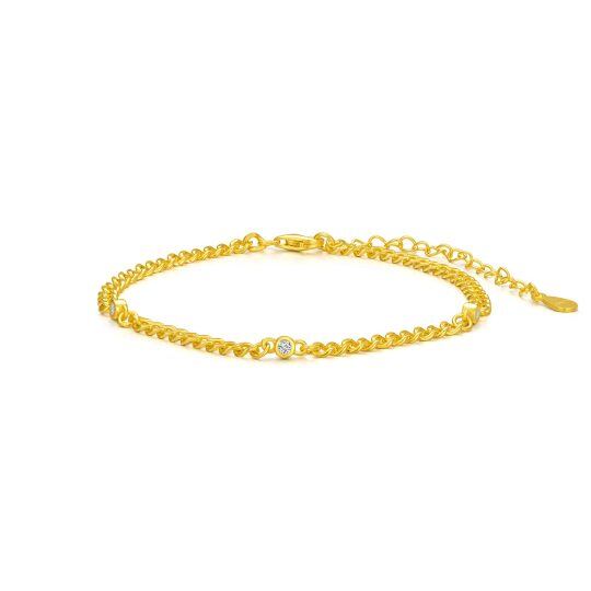 Sterling Silver with Yellow Gold Plated Circular Shaped Cubic Zirconia Curb Link Chain Bracelet